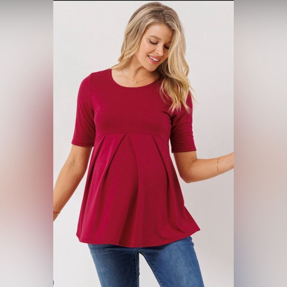 NWOT Hello Miz Women’s Maroon Red Short Sleeve Peplum Maternity Top Blouse - XL